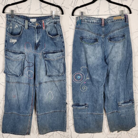 Cello Embroidered High Rise Wide Leg Cargo Pants Y2K Baggy - Picture 1 of 5